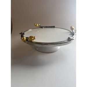 Designer Style Silverplate Porcelain Cake Stand Pedestal Pomegranate Vine Gold